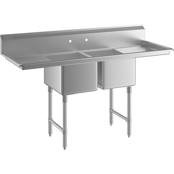 74" 16 Gauge Stainless Steel Two Compartment Heavy Duty Sink with Stainless Steel Legs, Cross Bracing, and 2 Drainboards - 18" x 14" x 18" Bowls, NSF Sink, (2) Two Compartment Empura