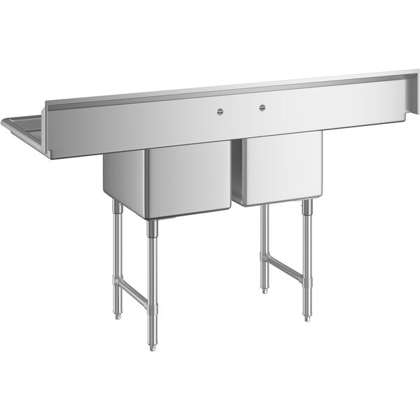 74" 16 Gauge Stainless Steel Two Compartment Heavy Duty Sink with Stainless Steel Legs, Cross Bracing, and 2 Drainboards - 18" x 14" x 18" Bowls, NSF Sink, (2) Two Compartment Empura