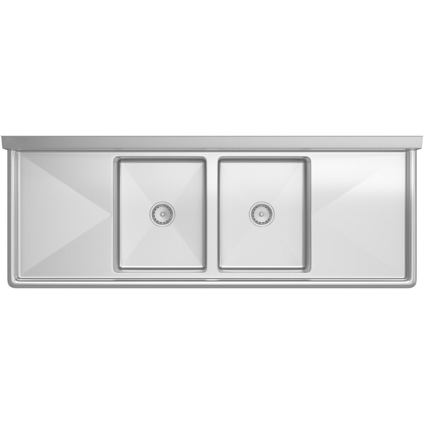 74" 16 Gauge Stainless Steel Two Compartment Heavy Duty Sink with Stainless Steel Legs, Cross Bracing, and 2 Drainboards - 18" x 14" x 18" Bowls, NSF Sink, (2) Two Compartment Empura