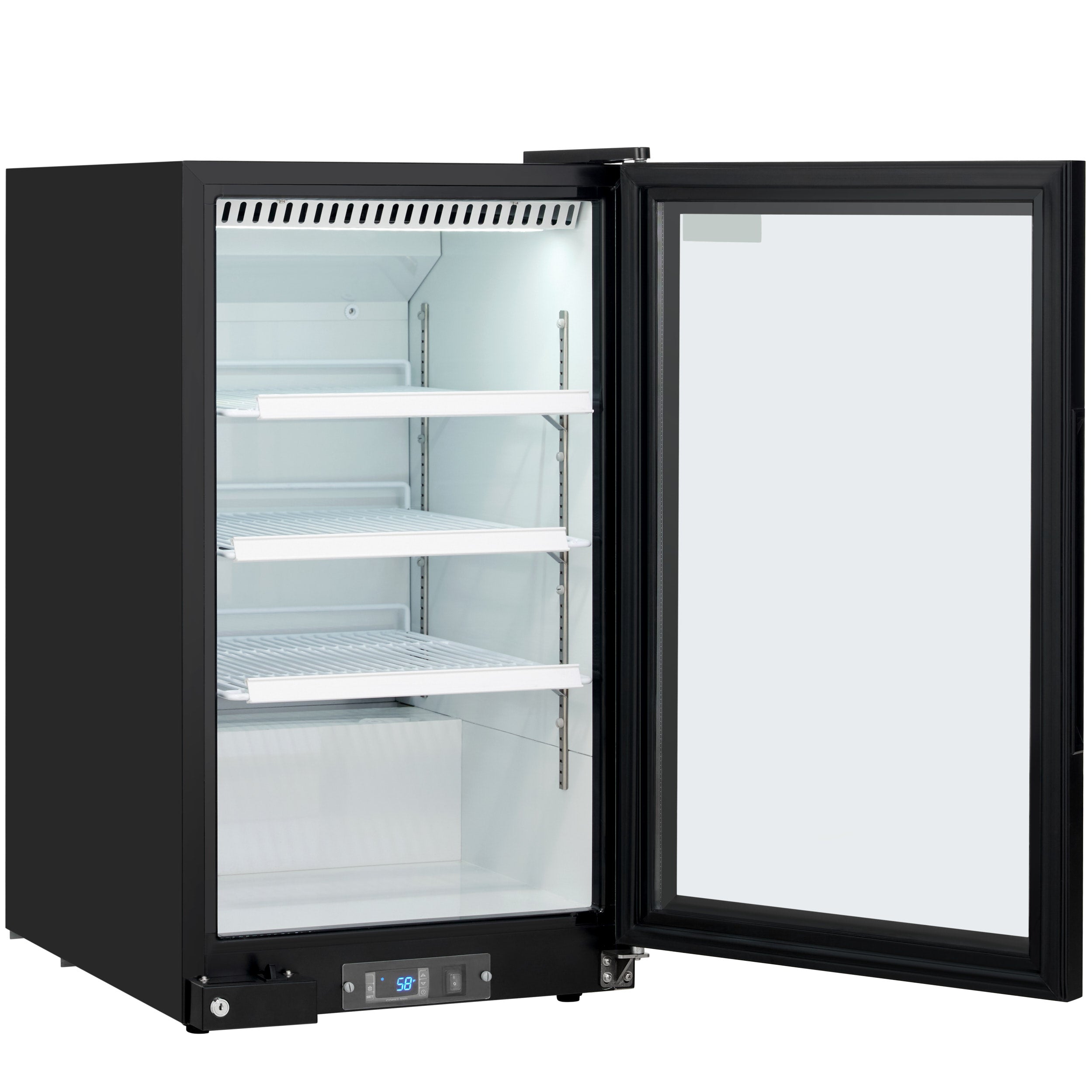 26" Countertop Black Swing Commercial Glass Door Merchandiser Refrigerator with ClearKeeper™ Glass - 7 cu ft