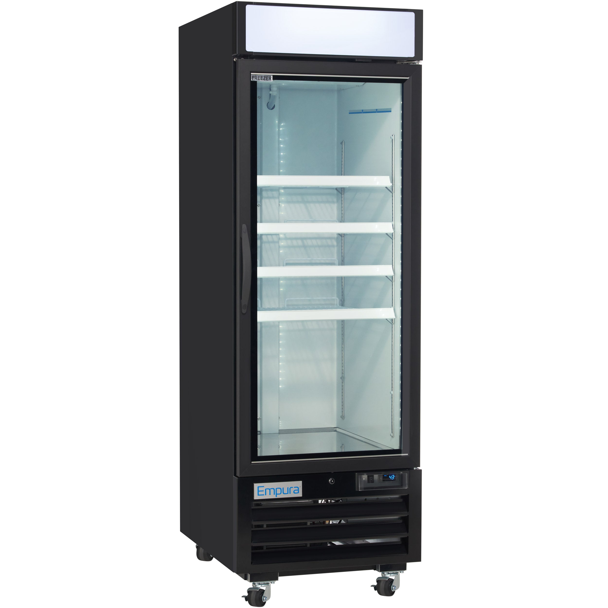 27" Black Swing Commercial Glass Door Merchandiser Freezer with ClearKeeper™ Glass