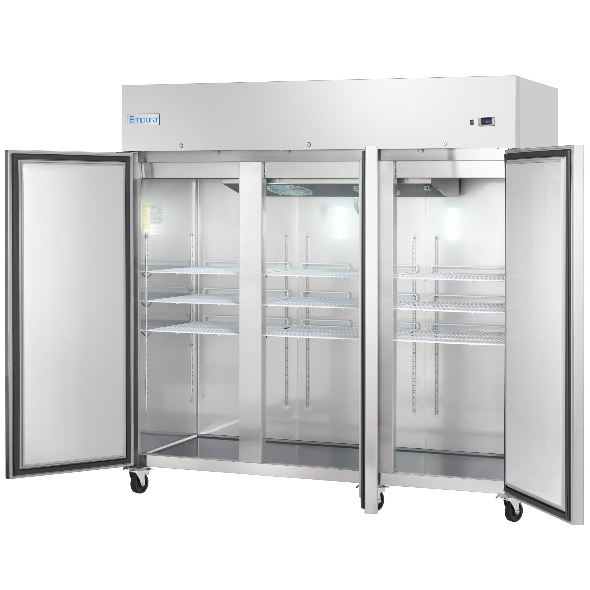 81" Commercial Stainless Steel 3 Door Reach-In Freezer