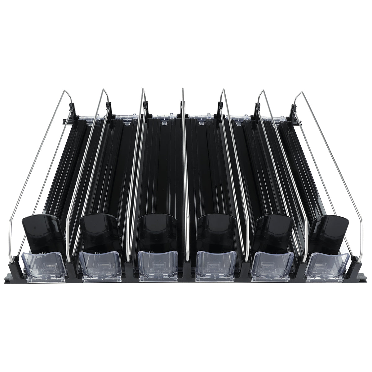 6-Lane Black Pusher Bottle Organizer for Refrigerated Shelving