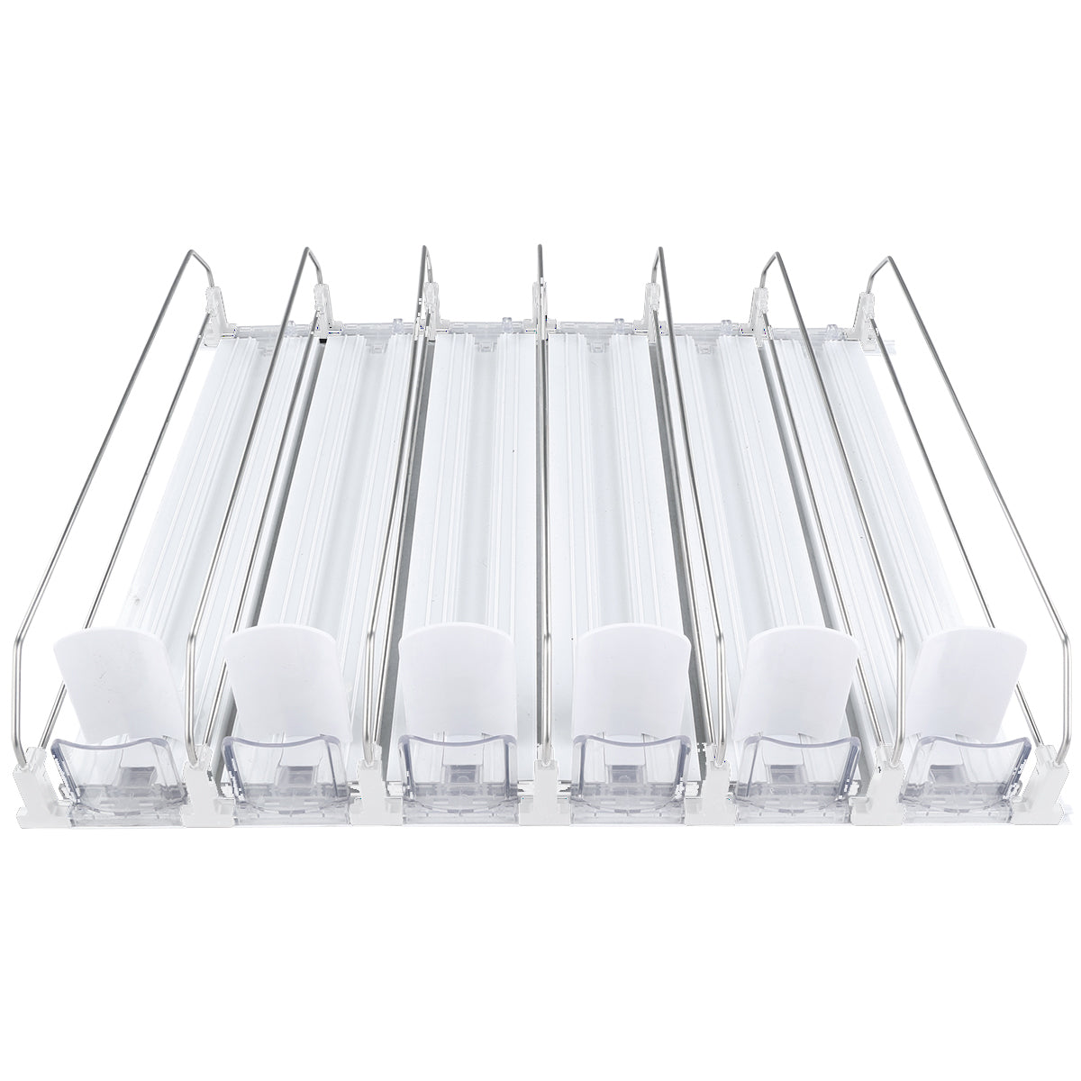 6-Lane White Pusher Bottle Organizer for Refrigerated Shelving