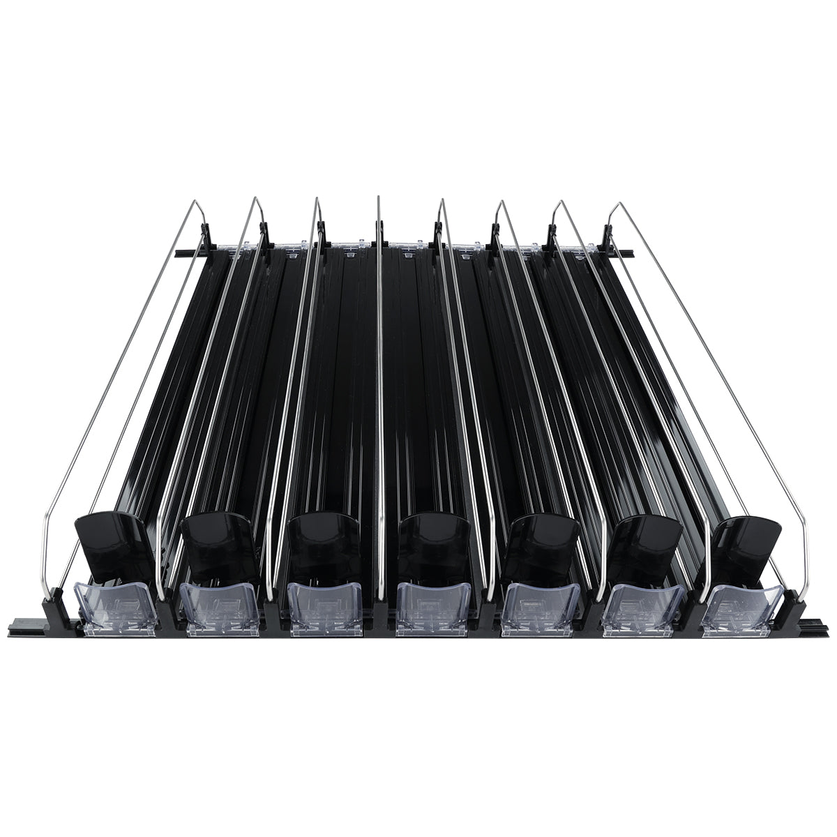 7-Lane Black Pusher Bottle Organizer for Refrigerated Shelving