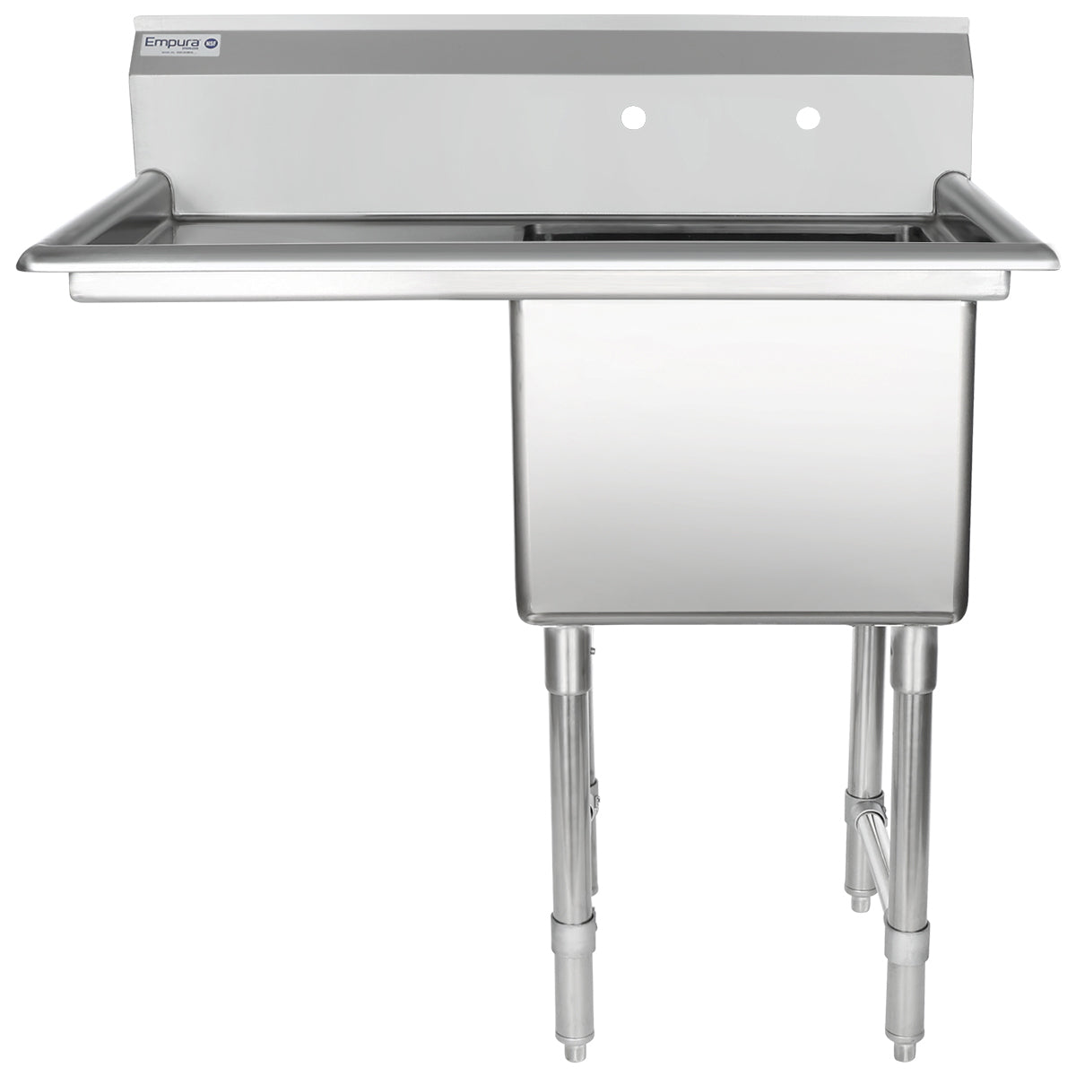 38.5" 16 Gauge Stainless Steel One Compartment Heavy Duty Sink with Stainless Steel Legs, Cross Bracing, and 1 Drainboard - 18" x 14" x 18" Bowl - Left Drainboard, NSF Sink, (1) One Compartment Empura