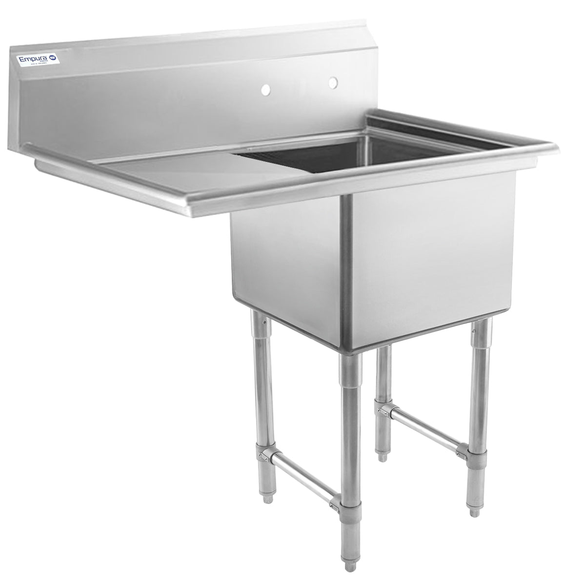 38.5" 16 Gauge Stainless Steel One Compartment Heavy Duty Sink with Stainless Steel Legs, Cross Bracing, and 1 Drainboard - 18" x 14" x 18" Bowl - Left Drainboard, NSF Sink, (1) One Compartment Empura