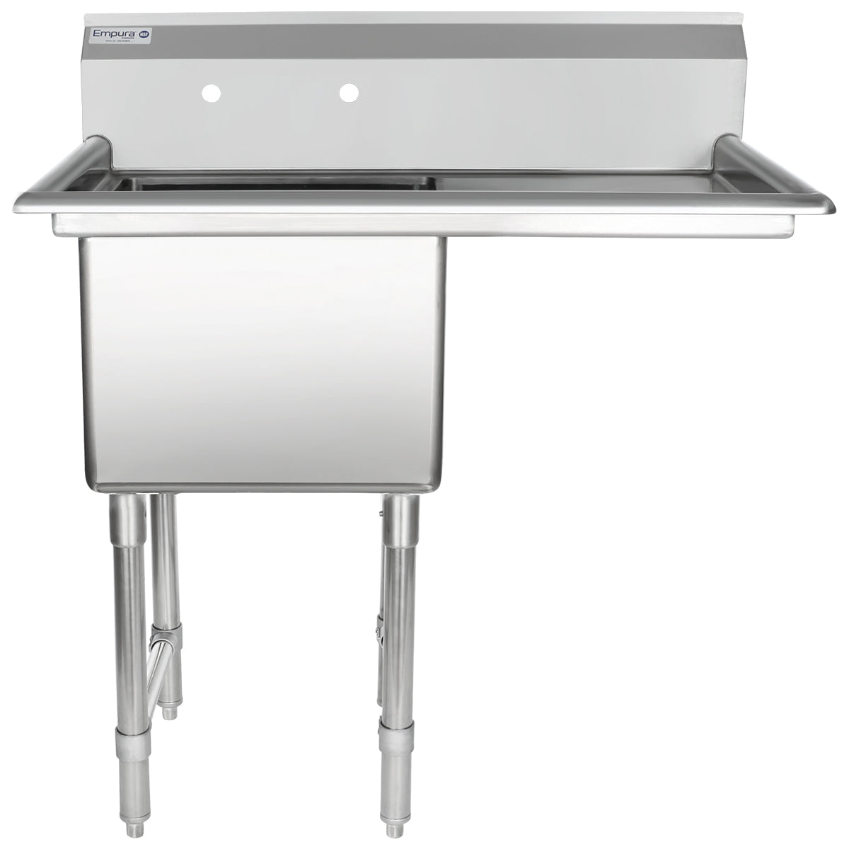 38.5" 16 Gauge Stainless Steel One Compartment Heavy Duty Sink with Stainless Steel Legs, Cross Bracing, and 1 Drainboard - 18" x 14" x 18" Bowl - Right Drainboard, NSF Sink, (1) One Compartment Empura