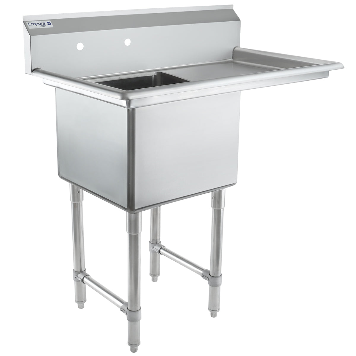 38.5" 16 Gauge Stainless Steel One Compartment Heavy Duty Sink with Stainless Steel Legs, Cross Bracing, and 1 Drainboard - 18" x 14" x 18" Bowl - Right Drainboard, NSF Sink, (1) One Compartment Empura