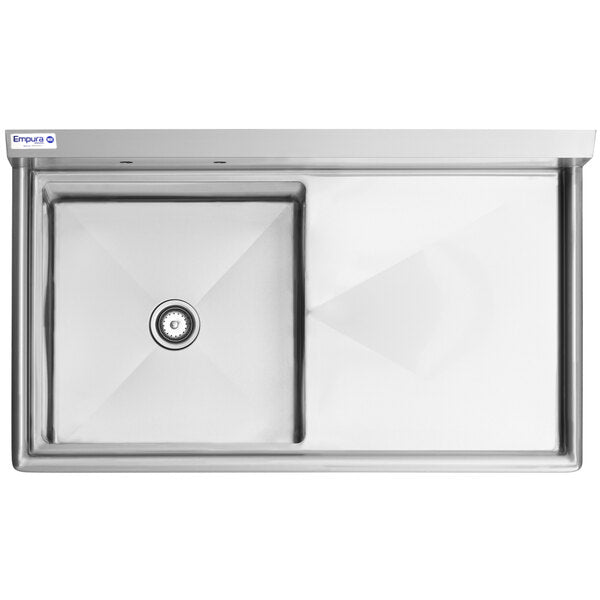 50.5" 16 Gauge Stainless Steel One Compartment Heavy Duty Sink with Stainless Steel Legs, Cross Bracing, and 1 Drainboard - 24" x 14" x 24" Bowl - Right Drainboard, NSF Sink, (1) One Compartment Empura