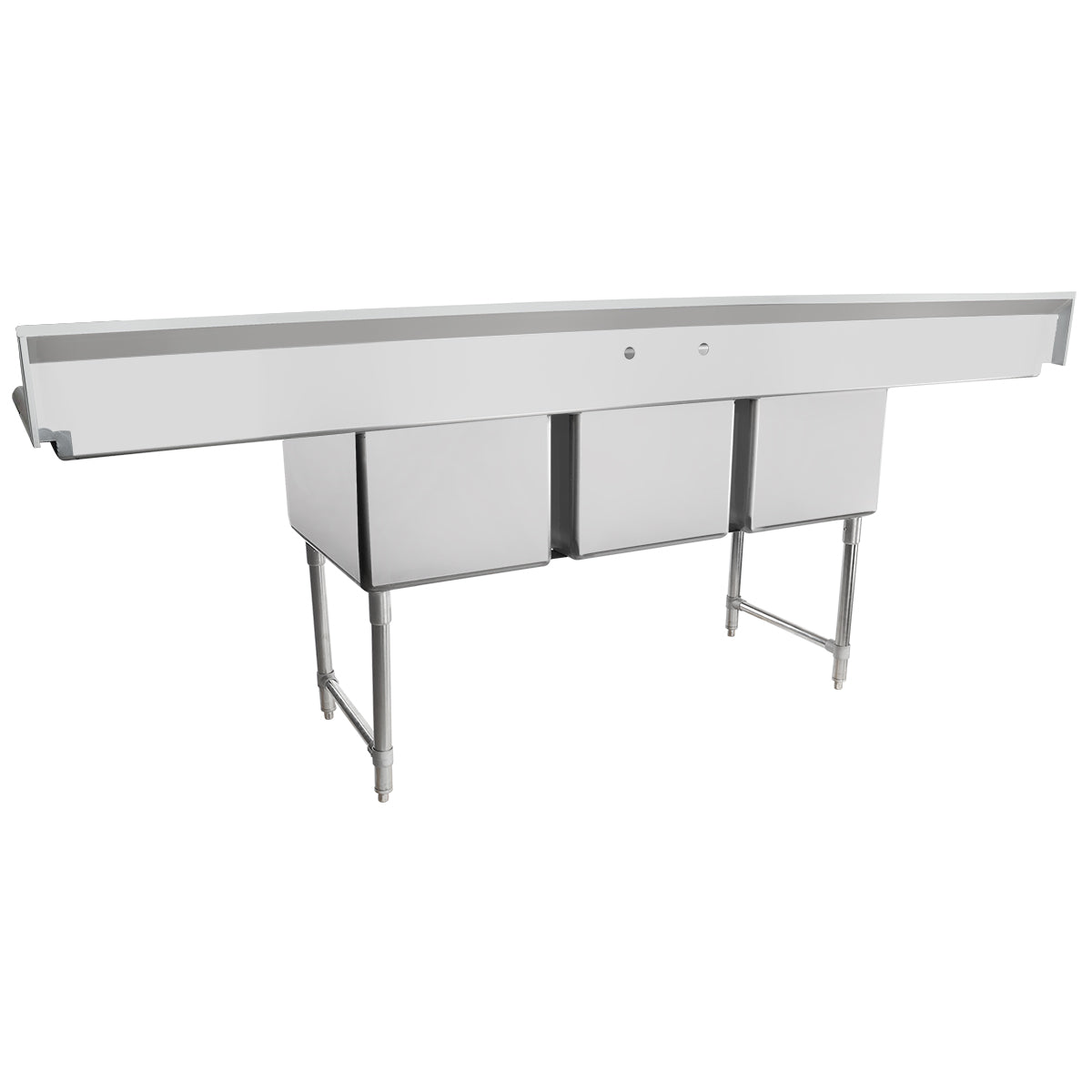 106" 16 Gauge Stainless Steel Three Compartment Heavy Duty Sink with Stainless Steel Legs, Cross Bracing, and 2 Drainboards - 24" x 14" x 18" Bowls, NSF Sink, (3) Three Compartment Empura
