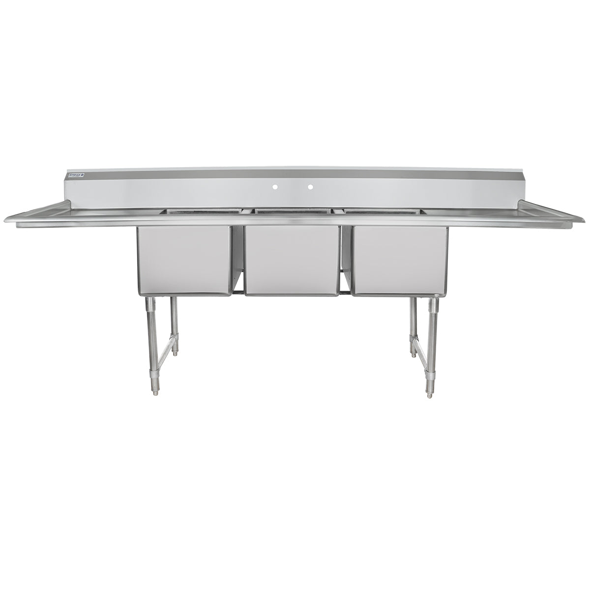 106" 16 Gauge Stainless Steel Three Compartment Heavy Duty Sink with Stainless Steel Legs, Cross Bracing, and 2 Drainboards - 24" x 14" x 18" Bowls, NSF Sink, (3) Three Compartment Empura