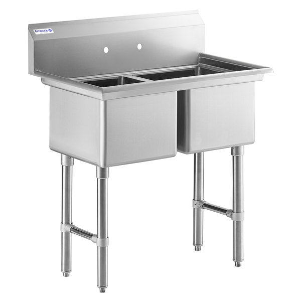 43" 16 Gauge Stainless Steel Two Compartment Heavy Duty Sink with Stainless Steel Legs, Cross Bracing, and without Drainboards - 18" x 14" x 18" Bowls, NSF Sink, (2) Two Compartment Empura