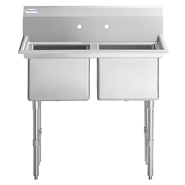43" 16 Gauge Stainless Steel Two Compartment Heavy Duty Sink with Stainless Steel Legs, Cross Bracing, and without Drainboards - 18" x 14" x 18" Bowls, NSF Sink, (2) Two Compartment Empura