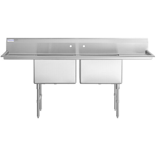 86" 16 Gauge Stainless Steel Two Compartment Heavy Duty Sink with Stainless Steel Legs, Cross Bracing, and 2 Drainboards - 24" x 14" x 24" Bowls, NSF Sink, (2) Two Compartment Empura