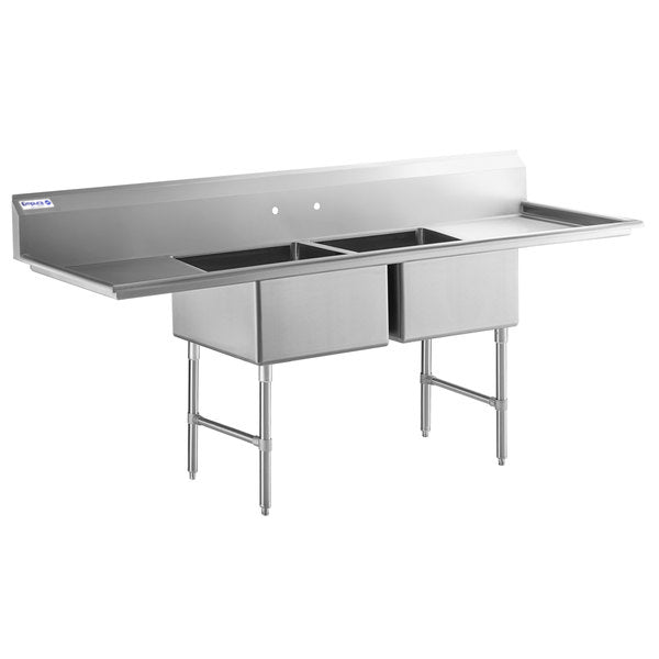 98" 16 Gauge Stainless Steel Two Compartment Heavy Duty Sink with Stainless Steel Legs, Cross Bracing, and 2 Drainboards - 24" x 14" x 24" Bowls, NSF Sink, (2) Two Compartment Empura