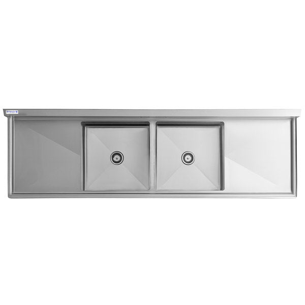 98" 16 Gauge Stainless Steel Two Compartment Heavy Duty Sink with Stainless Steel Legs, Cross Bracing, and 2 Drainboards - 24" x 14" x 24" Bowls, NSF Sink, (2) Two Compartment Empura