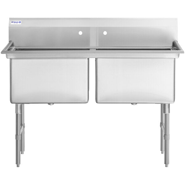 55" 16 Gauge Stainless Steel Two Compartment Heavy Duty Sink with Stainless Steel Legs, Cross Bracing, and without Drainboards - 24" x 14" x 24" Bowls, NSF Sink, (2) Two Compartment Empura