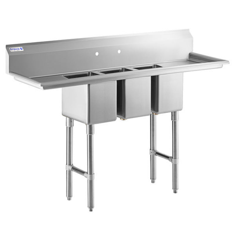 58" 16 Gauge Stainless Steel Three Compartment Heavy Duty Sink with Stainless Steel Legs, Cross Bracing, and 2 Drainboards - 14" x 10" x 10" Bowls, NSF Sink, (3) Three Compartment Empura