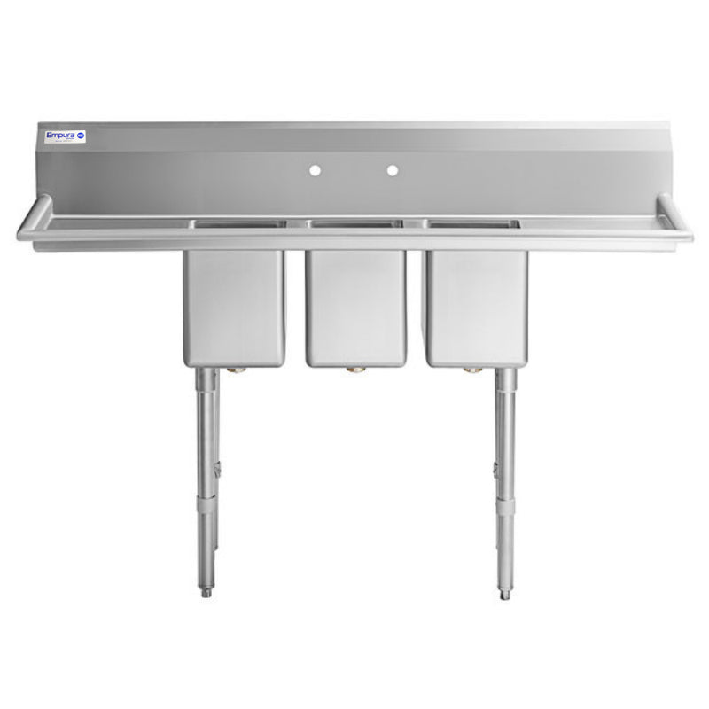 58" 16 Gauge Stainless Steel Three Compartment Heavy Duty Sink with Stainless Steel Legs, Cross Bracing, and 2 Drainboards - 14" x 10" x 10" Bowls, NSF Sink, (3) Three Compartment Empura