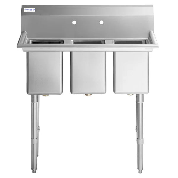 39" 16 Gauge Stainless Steel Three Compartment Heavy Duty Sink with Stainless Steel Legs, Cross Bracing, and without Drainboards - 14" x 10" x 10" Bowls, NSF Sink, (3) Three Compartment Empura