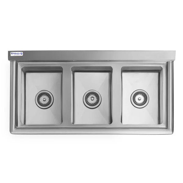 39" 16 Gauge Stainless Steel Three Compartment Heavy Duty Sink with Stainless Steel Legs, Cross Bracing, and without Drainboards - 14" x 10" x 10" Bowls, NSF Sink, (3) Three Compartment Empura
