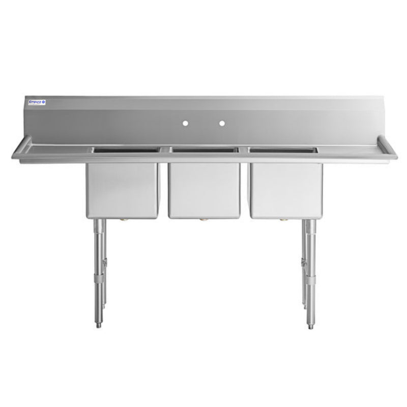 79" 16 Gauge Stainless Steel Three Compartment Heavy Duty Sink with Stainless Steel Legs, Cross Bracing, and 2 Drainboards - 15" x 12" x 15" Bowls, NSF Sink, (3) Three Compartment Empura