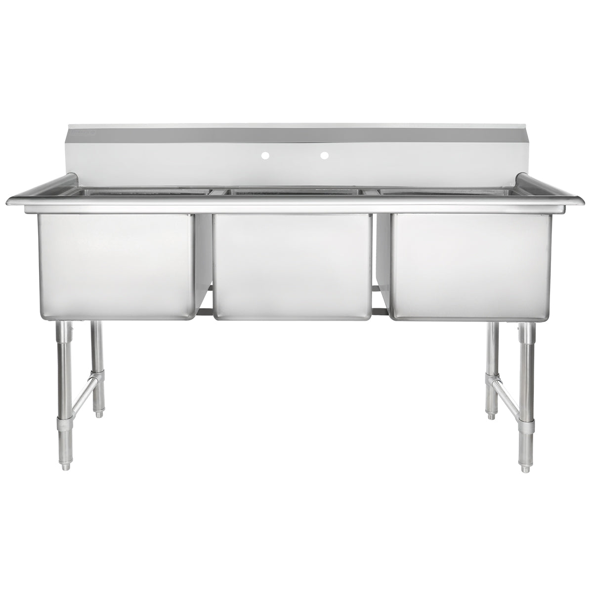 63" 16 Gauge Stainless Steel Three Compartment Heavy Duty Sink with Stainless Steel Legs, Cross Bracing, and without Drainboards - 18" x 14" x 18" Bowls, NSF Sink, (3) Three Compartment Empura