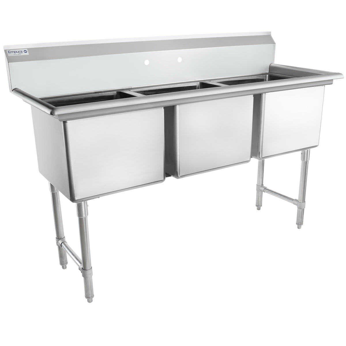 63" 16 Gauge Stainless Steel Three Compartment Heavy Duty Sink with Stainless Steel Legs, Cross Bracing, and without Drainboards - 18" x 14" x 18" Bowls, NSF Sink, (3) Three Compartment Empura