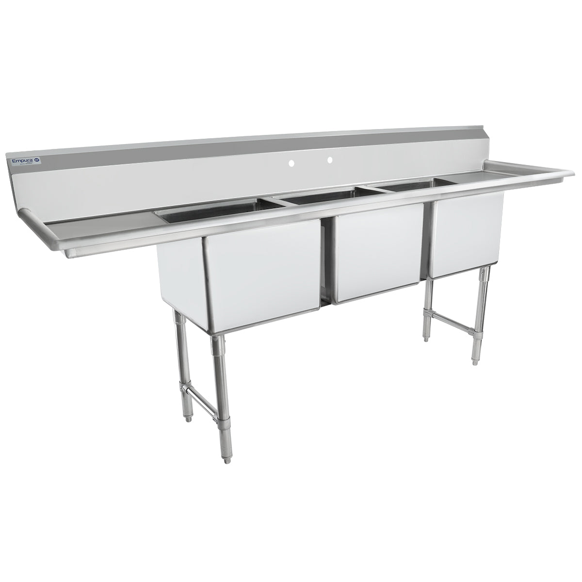94" 16 Gauge Stainless Steel Three Compartment Heavy Duty Sink with Stainless Steel Legs, Cross Bracing, and 2 Drainboards - 18" x 14" x 18" Bowls, NSF Sink, (3) Three Compartment Empura