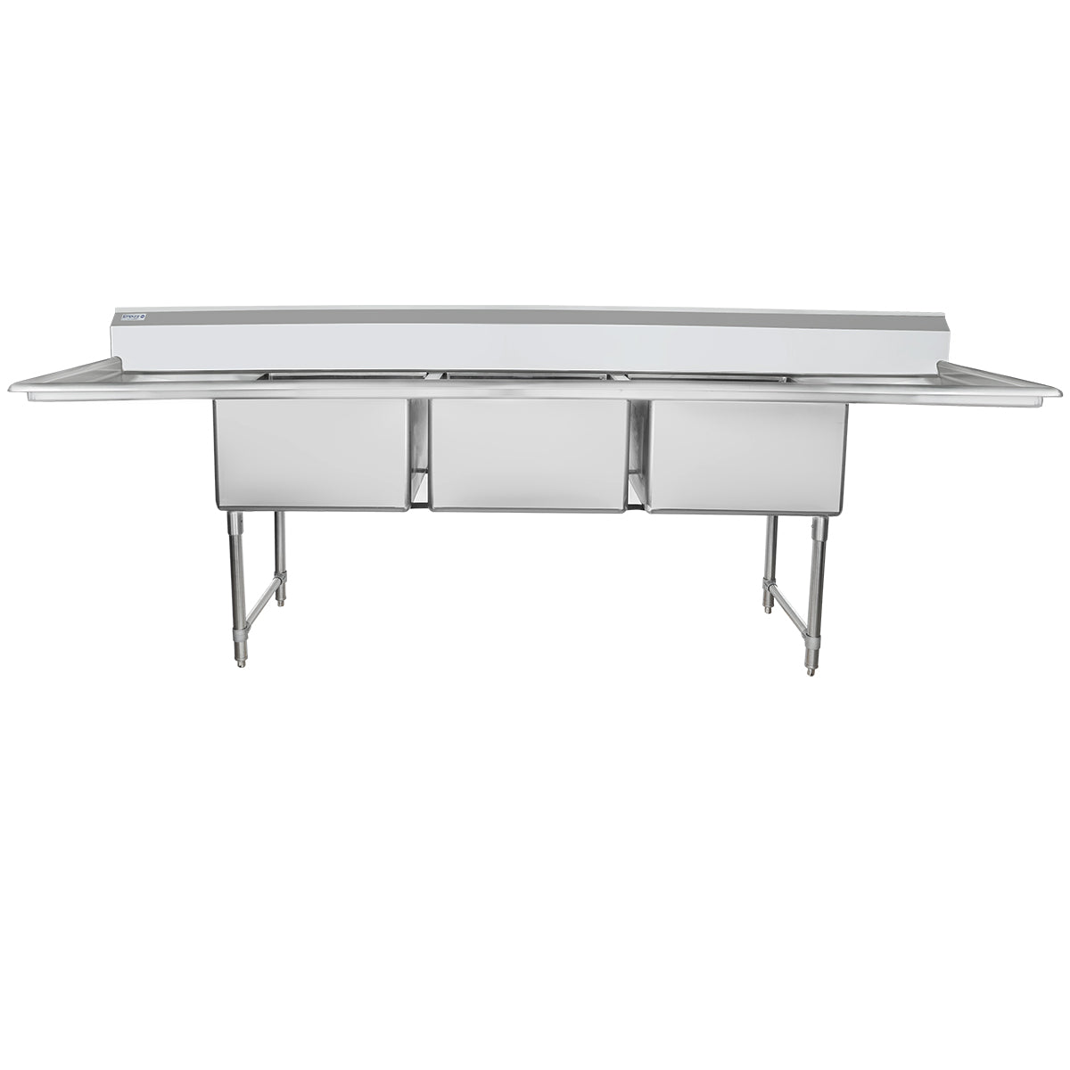 124" 16 Gauge Stainless Steel Three Compartment Heavy Duty Sink with Stainless Steel Legs, Cross Bracing, and 2 Drainboards - 24" x 14" x 24" Bowls, NSF Sink, (3) Three Compartment Empura