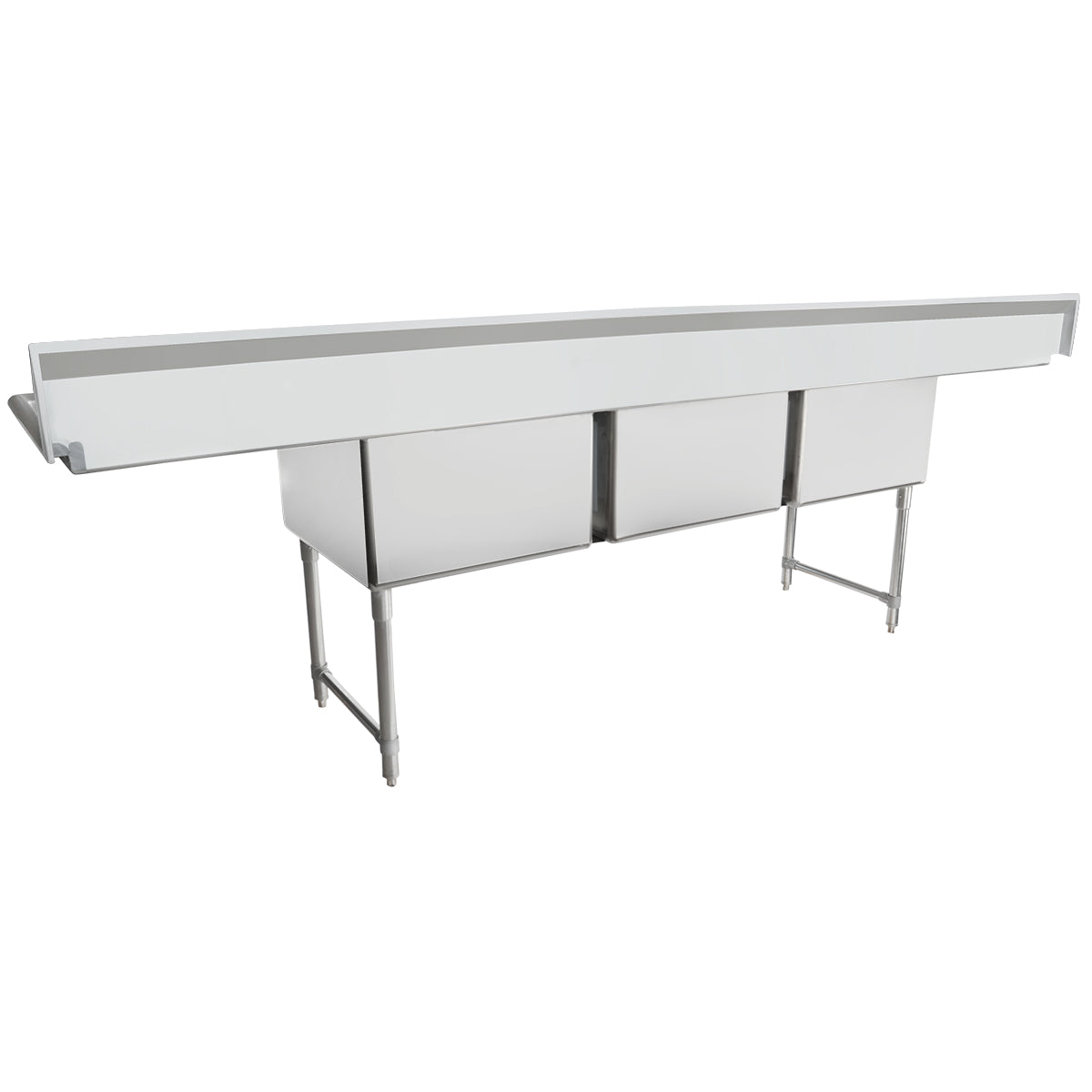 124" 16 Gauge Stainless Steel Three Compartment Heavy Duty Sink with Stainless Steel Legs, Cross Bracing, and 2 Drainboards - 24" x 14" x 24" Bowls, NSF Sink, (3) Three Compartment Empura