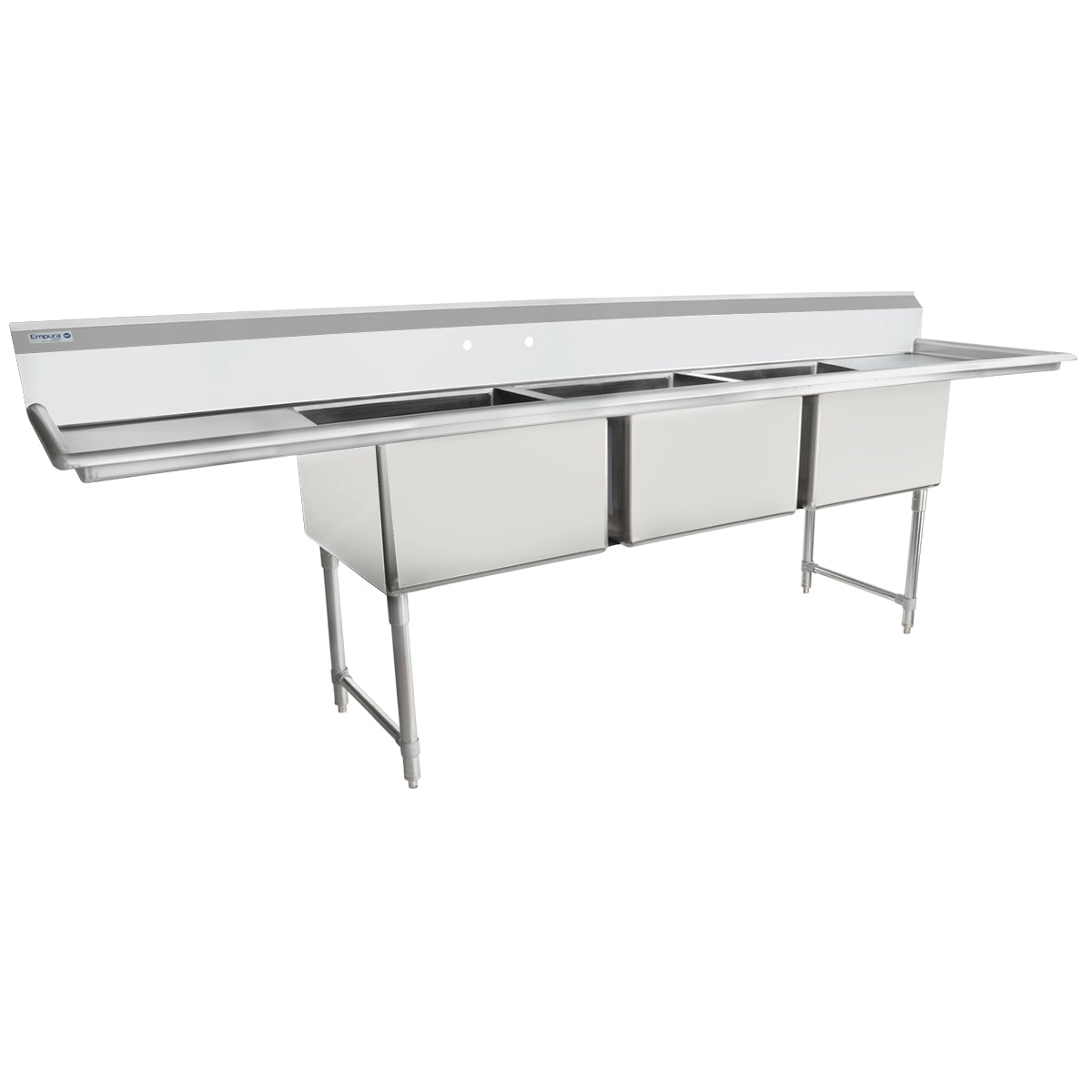 124" 16 Gauge Stainless Steel Three Compartment Heavy Duty Sink with Stainless Steel Legs, Cross Bracing, and 2 Drainboards - 24" x 14" x 24" Bowls, NSF Sink, (3) Three Compartment Empura