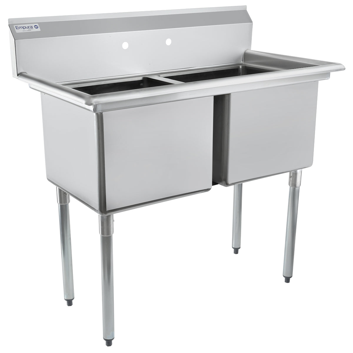 43" 18 Gauge Stainless Steel Two Compartment Standard Duty Sink with Galvanized Legs, Cross Bracing, and without Drainboards - 18" x 14" x 18" Bowls, NSF Sink, (2) Two Compartment Empura