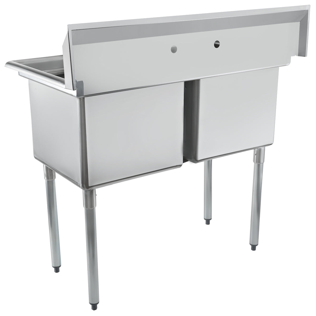 43" 18 Gauge Stainless Steel Two Compartment Standard Duty Sink with Galvanized Legs, Cross Bracing, and without Drainboards - 18" x 14" x 18" Bowls, NSF Sink, (2) Two Compartment Empura