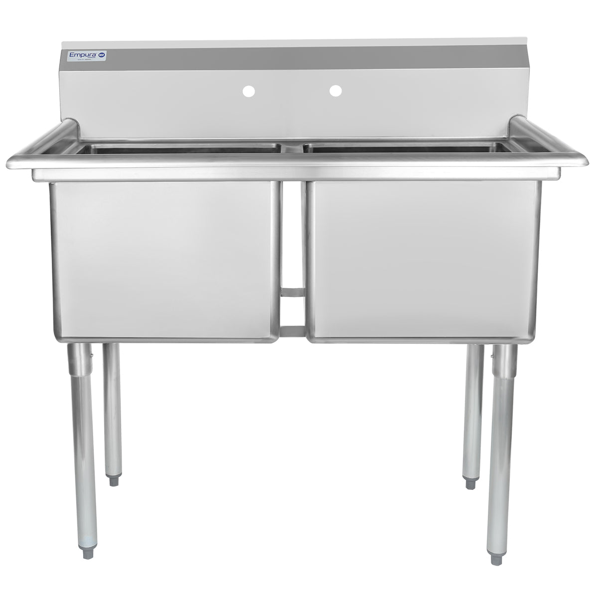 43" 18 Gauge Stainless Steel Two Compartment Standard Duty Sink with Galvanized Legs, Cross Bracing, and without Drainboards - 18" x 14" x 18" Bowls, NSF Sink, (2) Two Compartment Empura