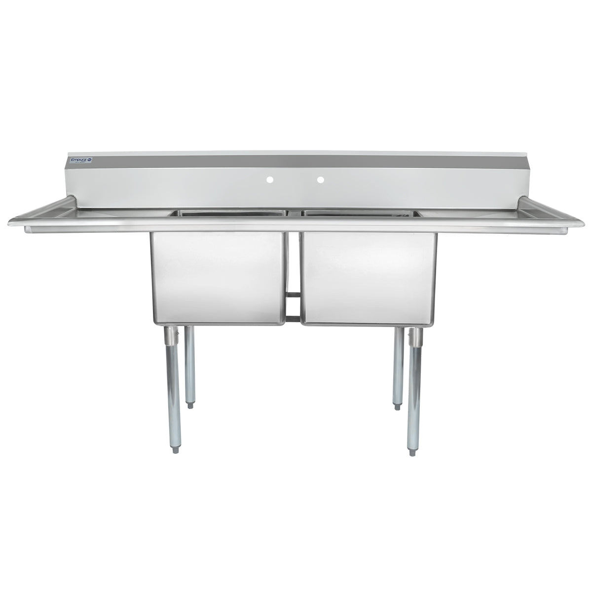 74" 18 Gauge Stainless Steel Two Compartment Standard Duty Sink with Galvanized Legs and 2 Drainboards - 18" x 14" x 18" Bowls, NSF Sink, (2) Two Compartment Empura
