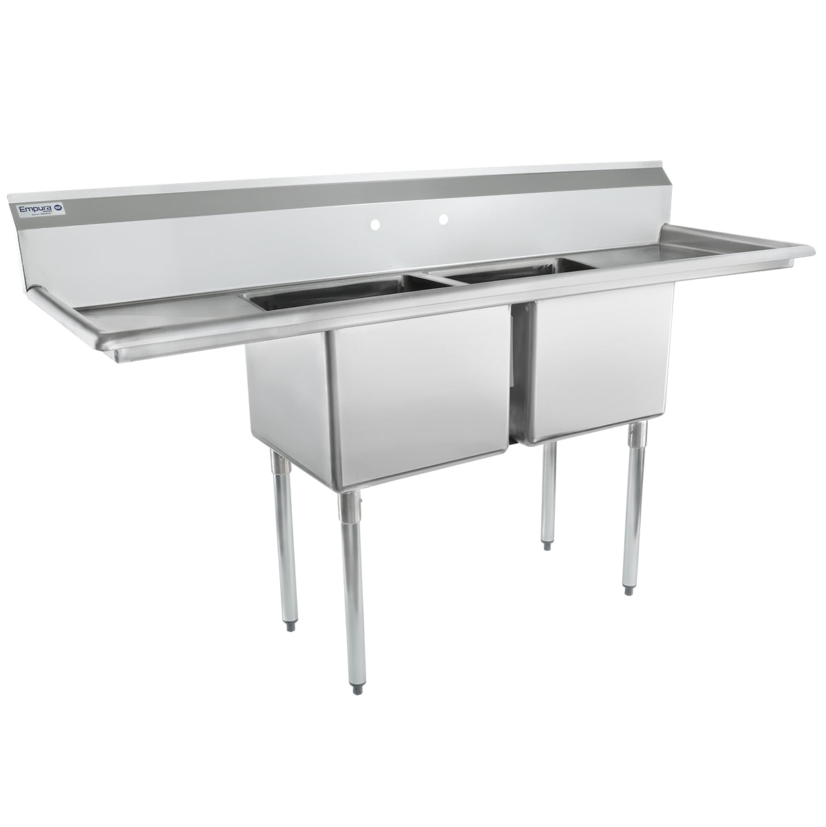 74" 18 Gauge Stainless Steel Two Compartment Standard Duty Sink with Galvanized Legs and 2 Drainboards - 18" x 14" x 18" Bowls, NSF Sink, (2) Two Compartment Empura