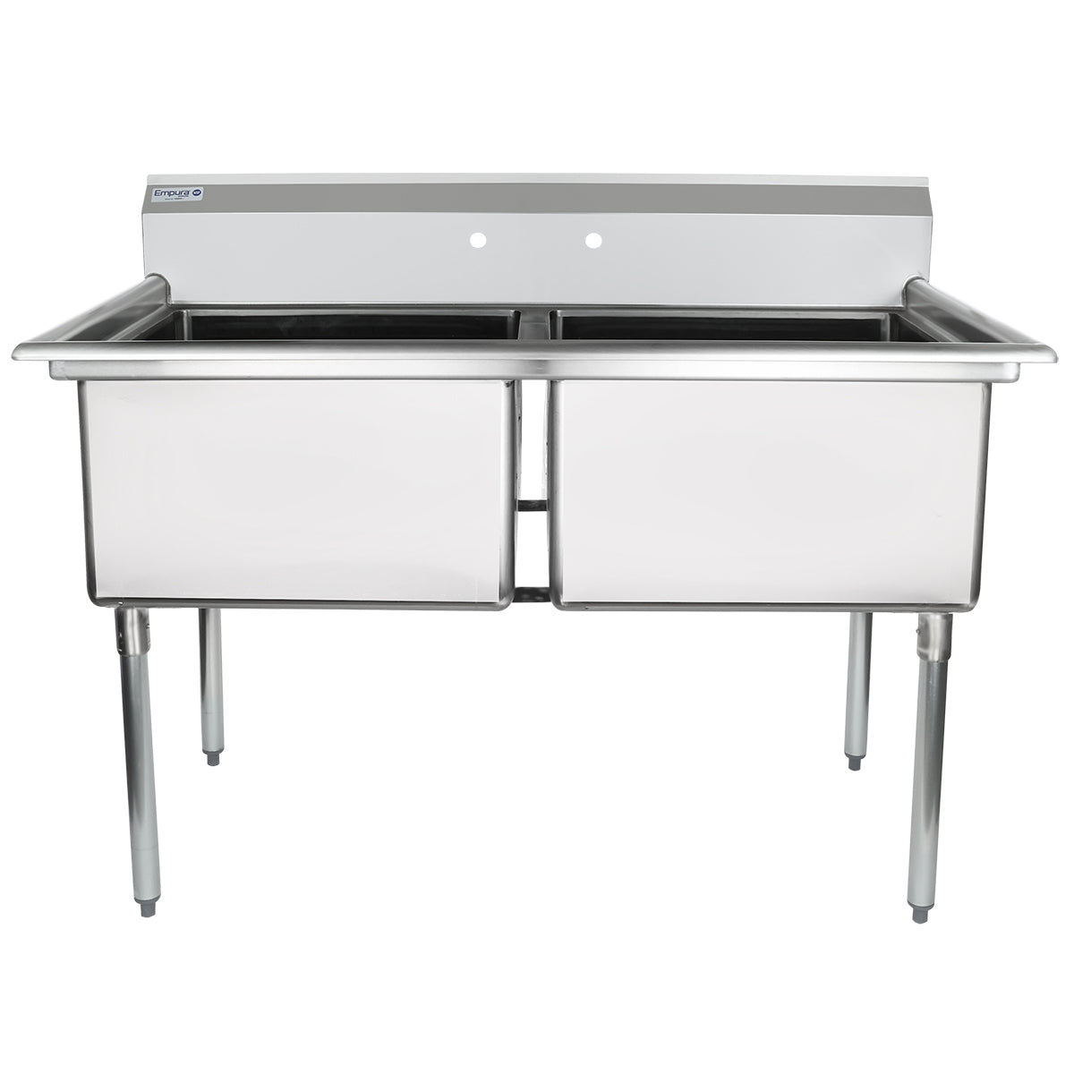 55" 18 Gauge Stainless Steel Two Compartment Standard Duty Sink with Galvanized Legs, Cross Bracing, and without Drainboards - 24" x 14" x 24" Bowls, NSF Sink, (2) Two Compartment Empura