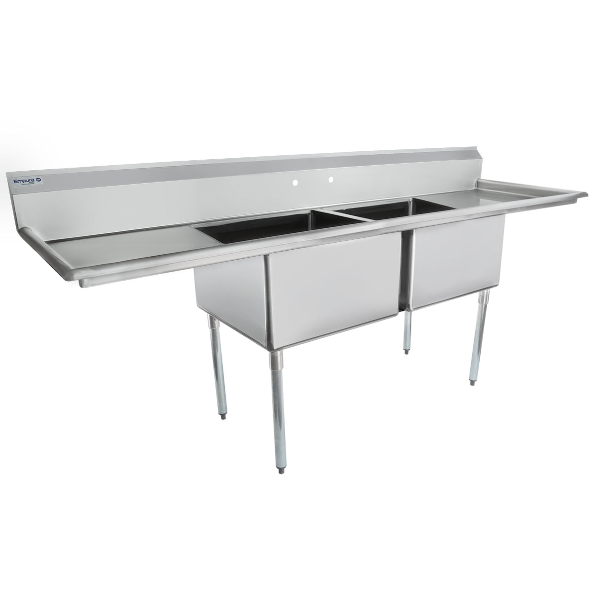 98" 18 Gauge Stainless Steel Two Compartment Standard Duty Sink with Galvanized Legs and 2 Drainboards - 24" x 14" x 24" Bowls, NSF Sink, (2) Two Compartment Empura