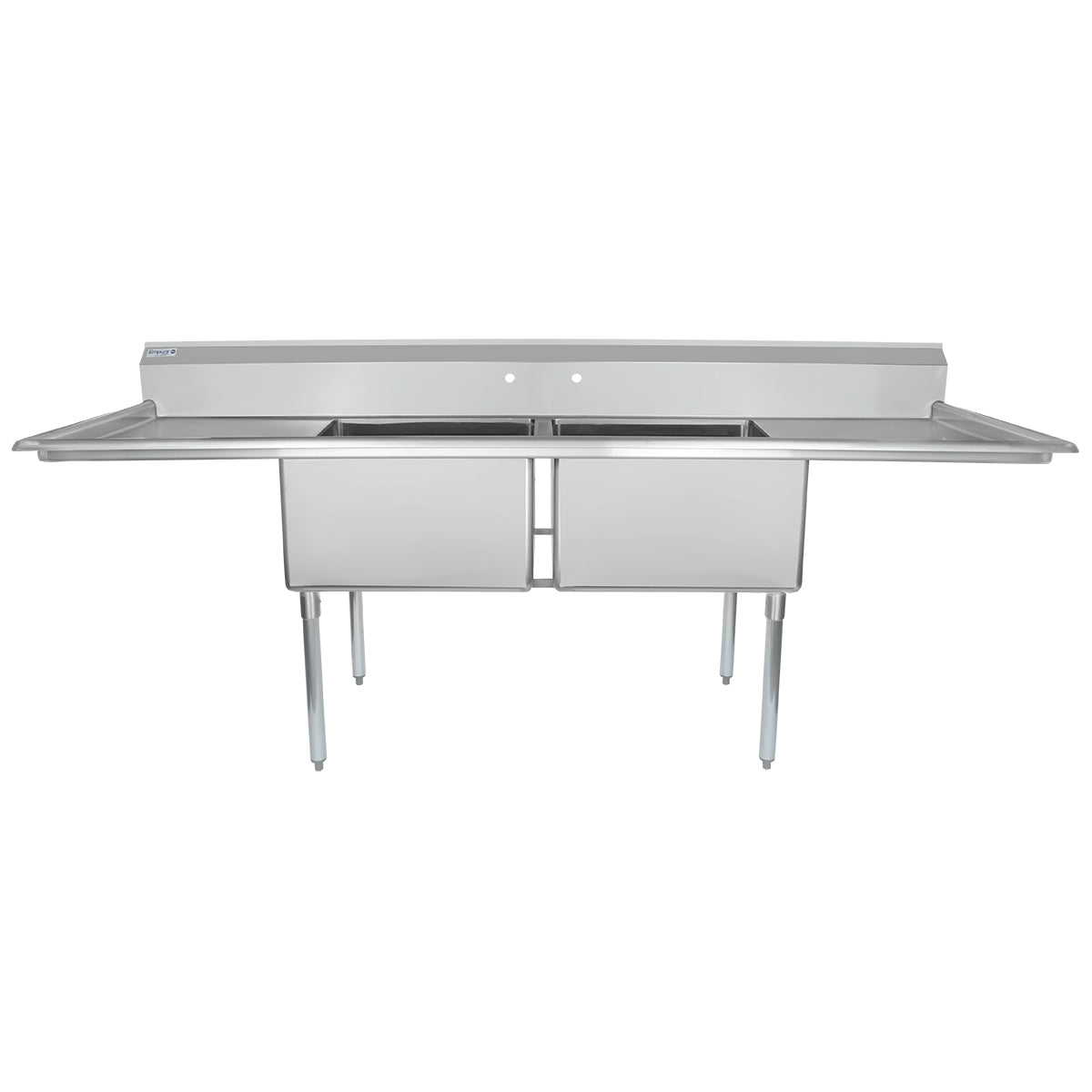 98" 18 Gauge Stainless Steel Two Compartment Standard Duty Sink with Galvanized Legs and 2 Drainboards - 24" x 14" x 24" Bowls, NSF Sink, (2) Two Compartment Empura