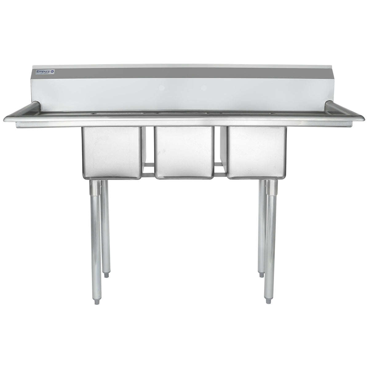 58" 18 Gauge Stainless Steel Three Compartment Standard Duty Sink with Galvanized Legs and 2 Drainboards - 14" x 10" x 10" Bowls, NSF Sink, (3) Three Compartment Empura