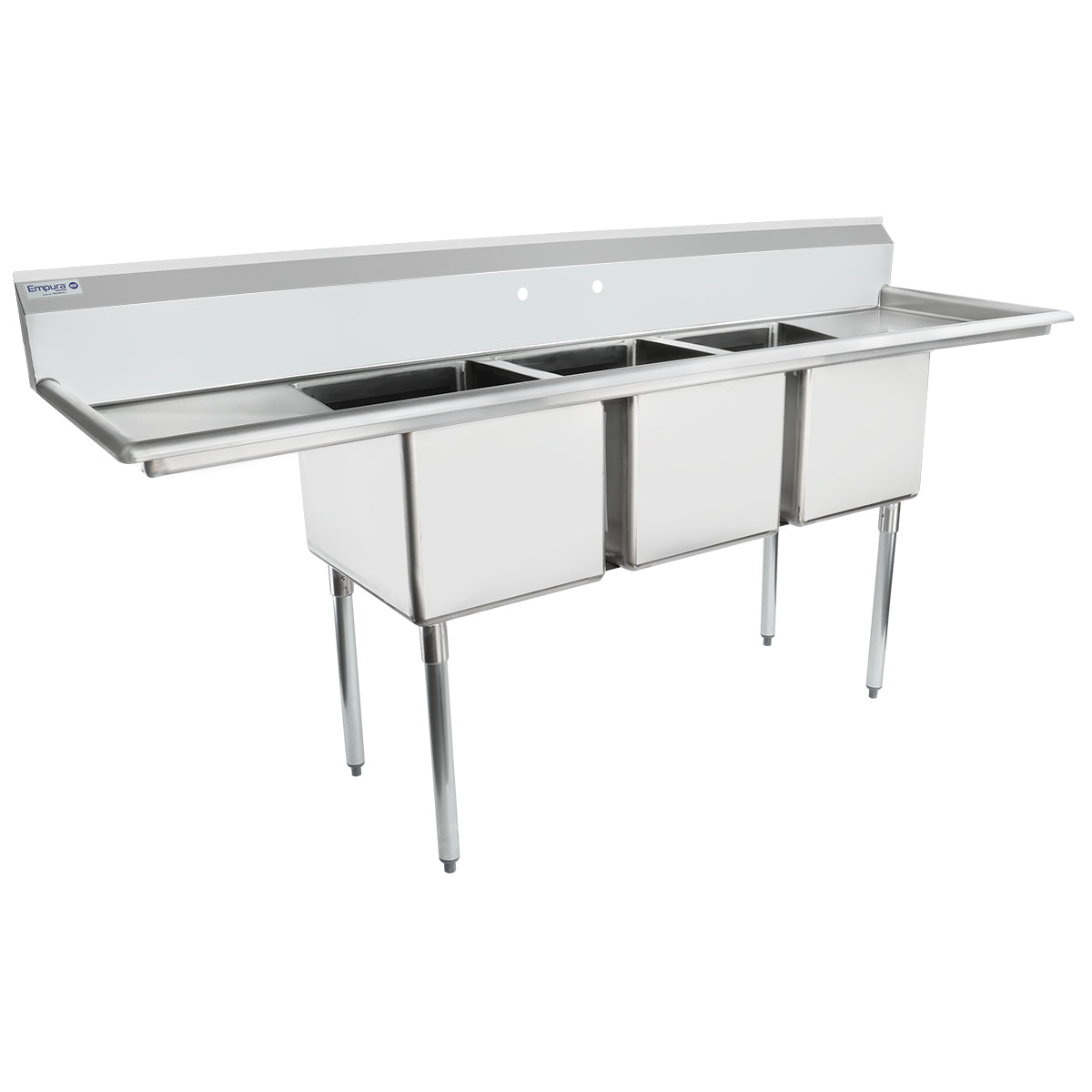 88" 18 Gauge Stainless Steel Three Compartment Standard Duty Sink with Galvanized Legs and 2 Drainboards - 20" x 14" x 16" Bowls, NSF Sink, (3) Three Compartment Empura
