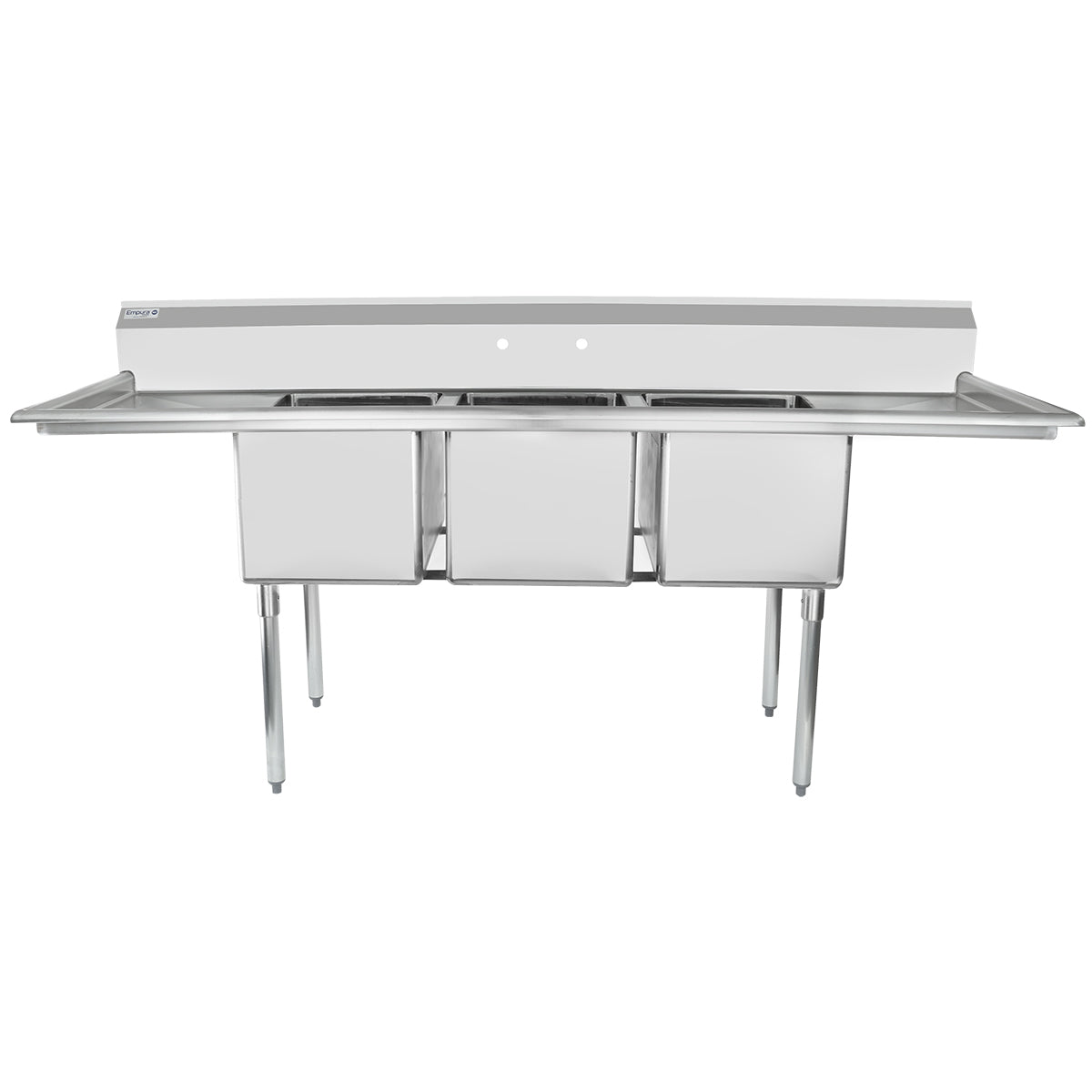 88" 18 Gauge Stainless Steel Three Compartment Standard Duty Sink with Galvanized Legs and 2 Drainboards - 20" x 14" x 16" Bowls, NSF Sink, (3) Three Compartment Empura