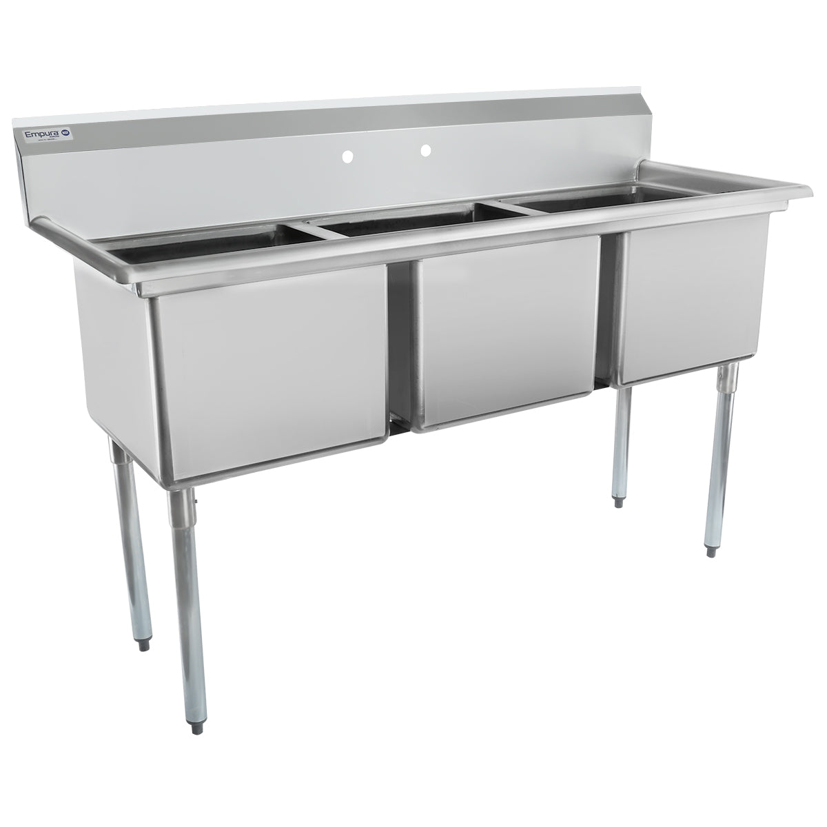 63" 18 Gauge Stainless Steel Three Compartment Standard Duty Sink with Galvanized Legs, without Drainboard - 18" x 14" x 18" Bowl, NSF Sink, (3) Three Compartment Empura
