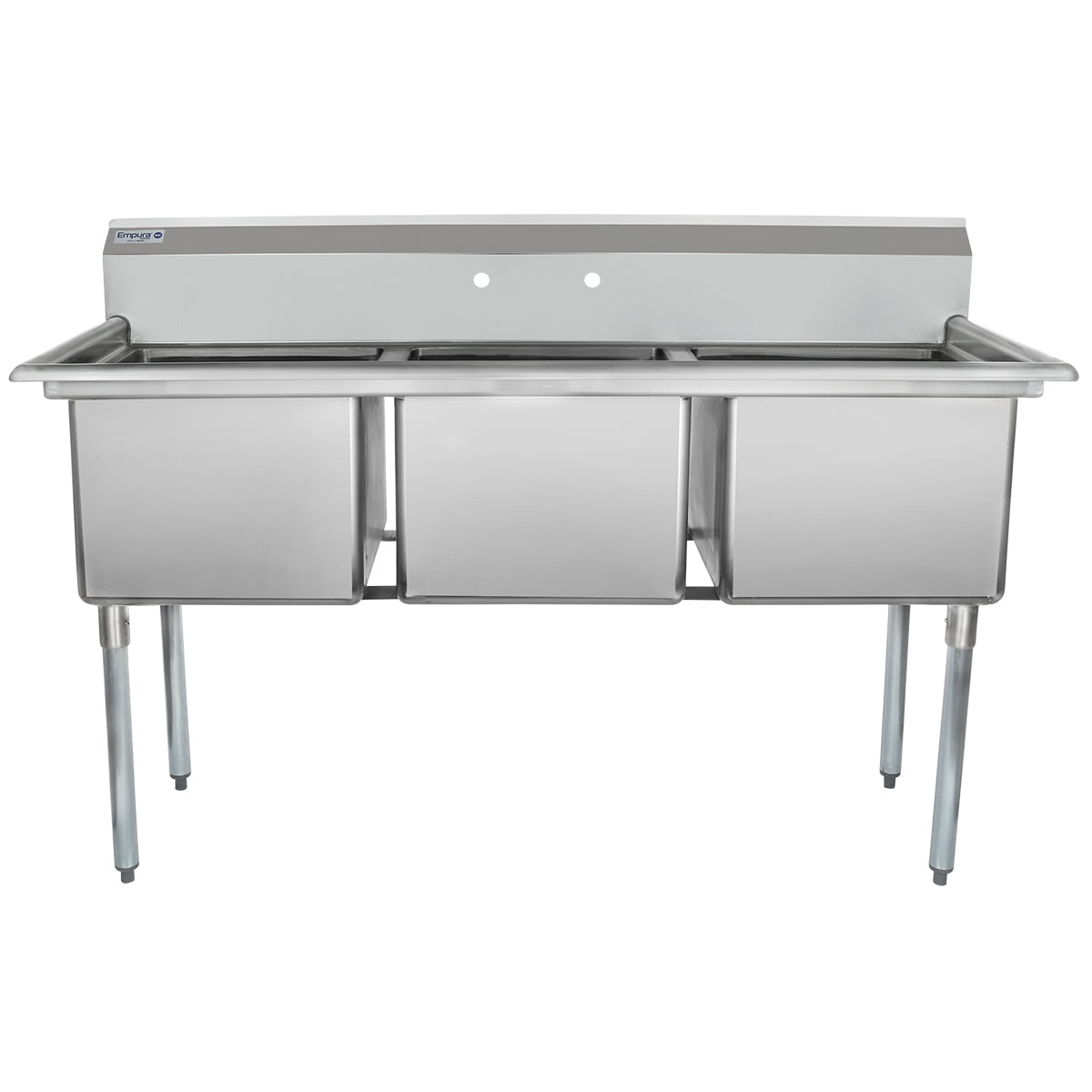 63" 18 Gauge Stainless Steel Three Compartment Standard Duty Sink with Galvanized Legs, without Drainboard - 18" x 14" x 18" Bowl, NSF Sink, (3) Three Compartment Empura
