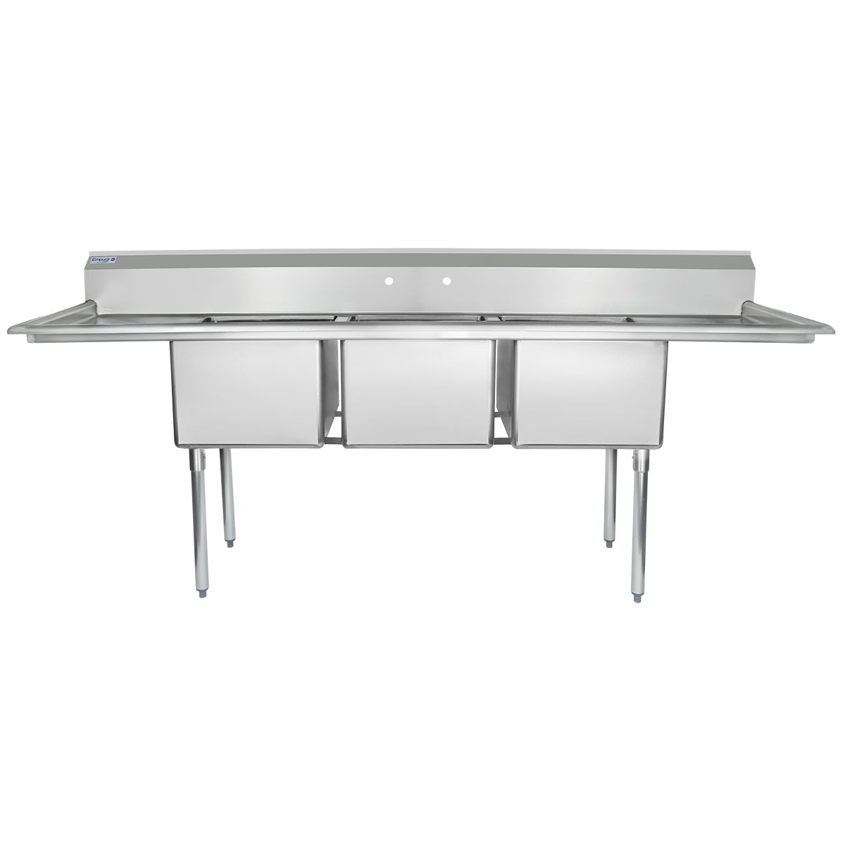 94" 18 Gauge Stainless Steel Three Compartment Standard Duty Sink with Galvanized Legs and 2 Drainboards - 18" x 14" x 18" Bowls, NSF Sink, (3) Three Compartment Empura