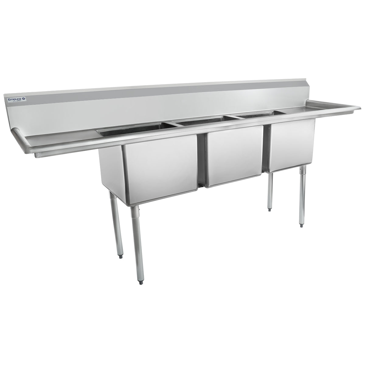 94" 18 Gauge Stainless Steel Three Compartment Standard Duty Sink with Galvanized Legs and 2 Drainboards - 18" x 14" x 18" Bowls, NSF Sink, (3) Three Compartment Empura