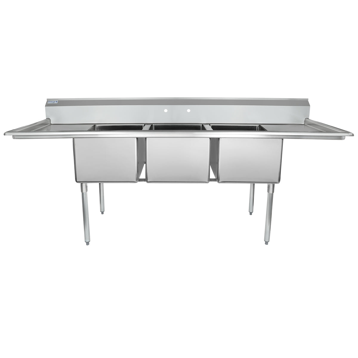 94" 18 Gauge Stainless Steel Three Compartment Standard Duty Sink with Galvanized Legs and 2 Drainboards - 24" x 14" x 18" Bowls, NSF Sink, (3) Three Compartment Empura