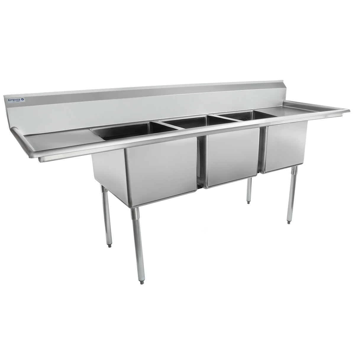 94" 18 Gauge Stainless Steel Three Compartment Standard Duty Sink with Galvanized Legs and 2 Drainboards - 24" x 14" x 18" Bowls, NSF Sink, (3) Three Compartment Empura